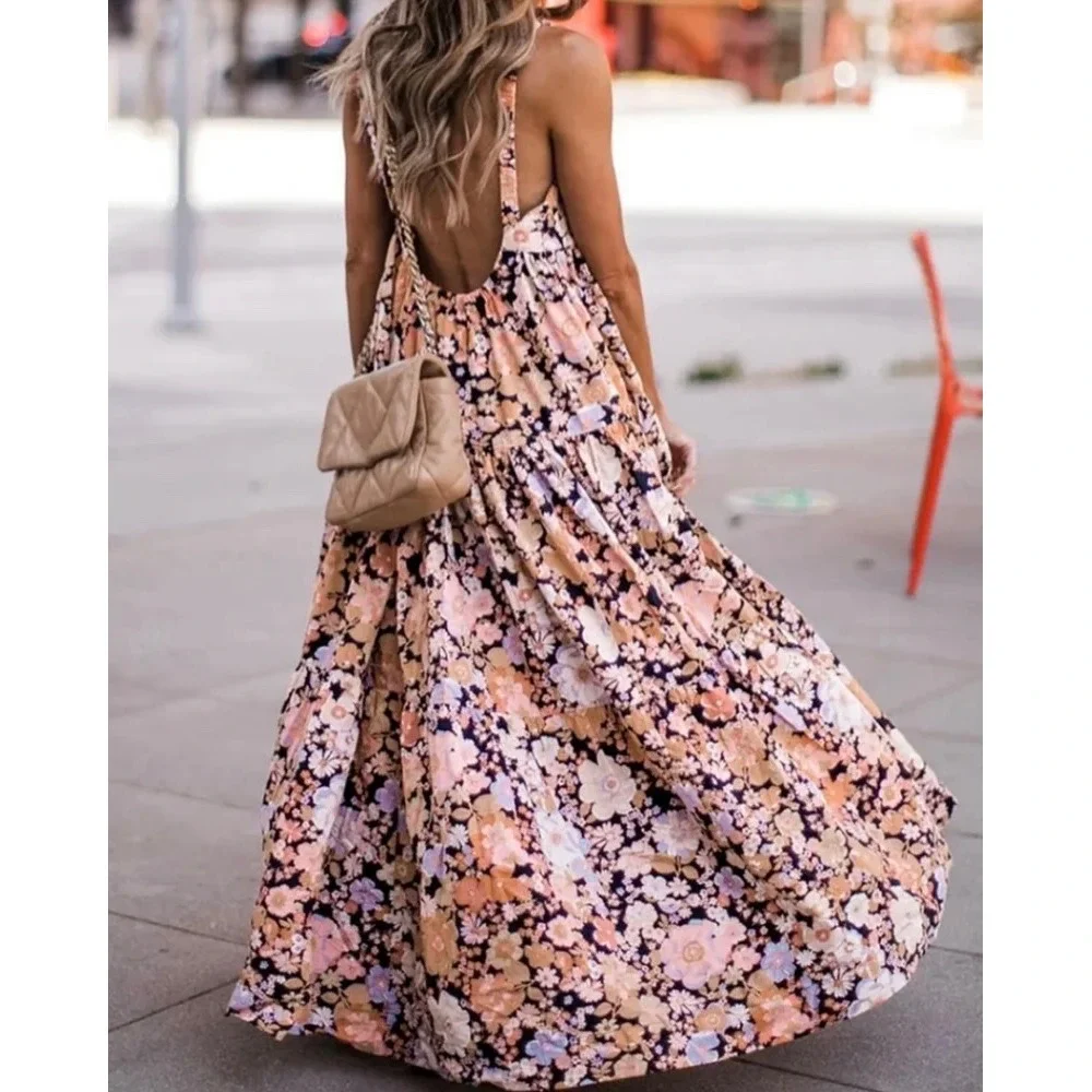 Free People Park Slope Floral Cotton Maxi Dress Navy Combo M Summer Vacation